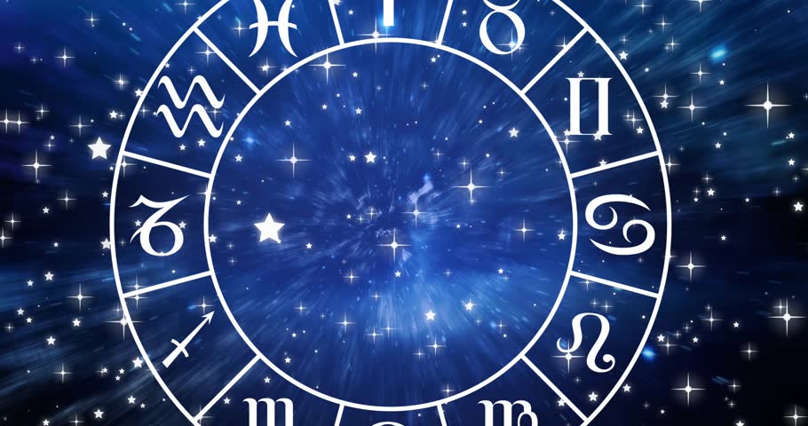 Animation of taurus and libra star signs over spinning zodiac sign and skies on blue sky. horoscope, astrology concept digitally generated video.