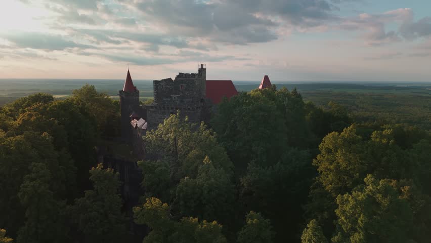 Medieval Grodziec Castle on top of a mountain.