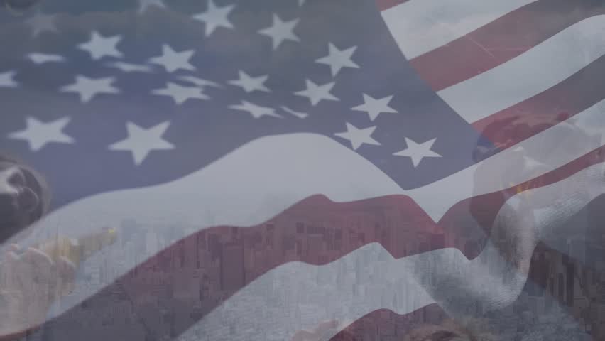 Animation of diverse friends over flag of usa. Global business, patriotism and digital interface concept digitally generated video.