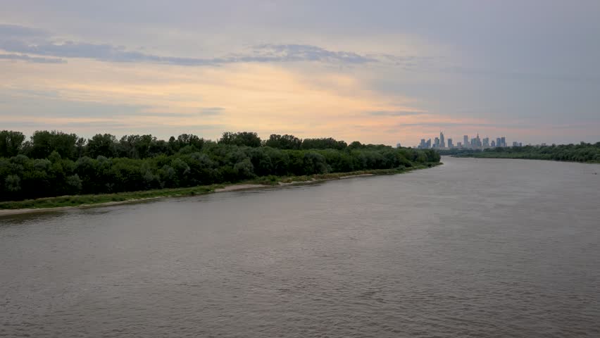 Vistula River seen from Siekierkowski Bridge, Warsaw, Poland, 4k