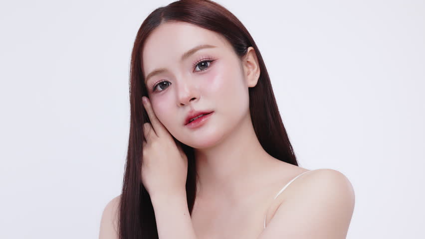 Slow motion portrait beautiful young Asian woman with K beauty style makeup and perfect skin. Facial and skin care concept for commercial advertising.