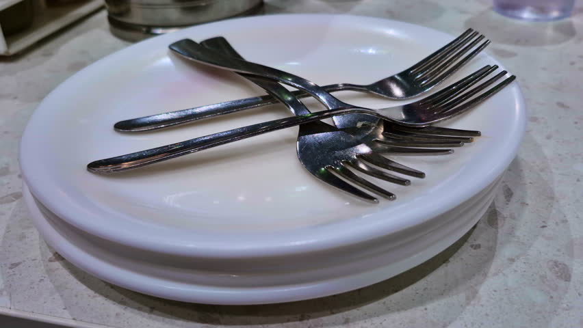 A stack of clean white ceramic plates with four metal forks resting on top in a crossed pattern. The shot highlights simple, minimalist tableware on a light-colored granite surface.