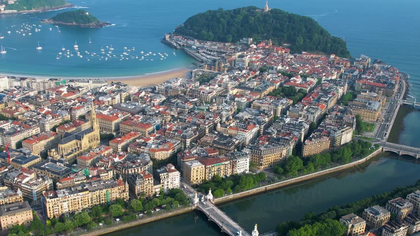 Aerial view of the Old town of of the city San Sebastián on a sunny day in summer in Catalonia, Spain