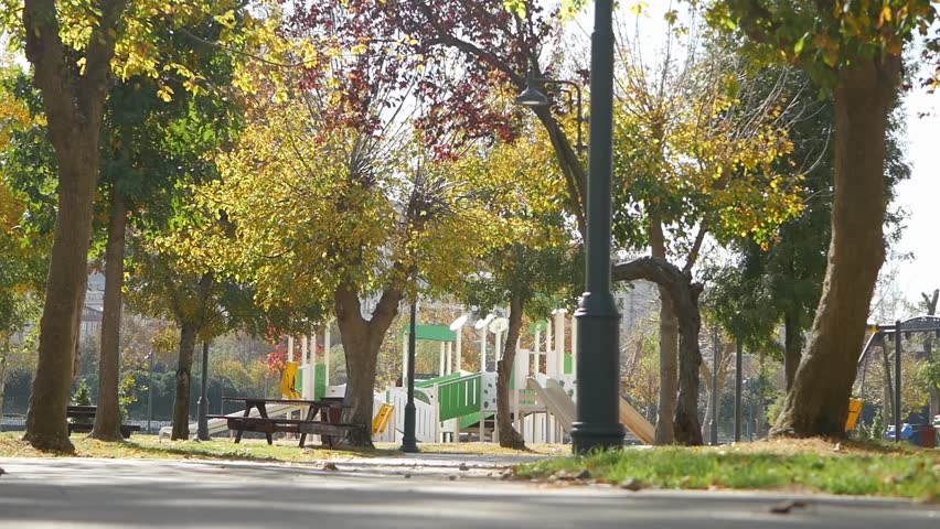 Quiet public park with colorful autumn trees and empty playground structure on sunny morning