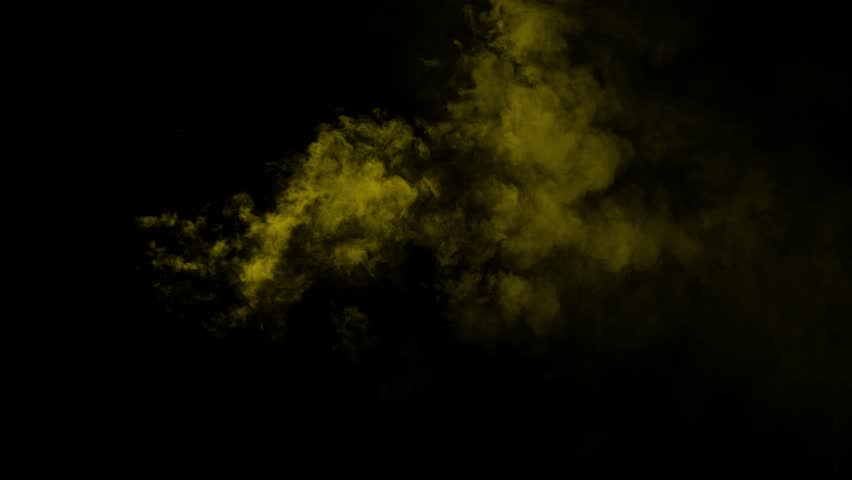 Golden yellow smoke stream flowing across frame. Isolated on black background, ideal for compositing