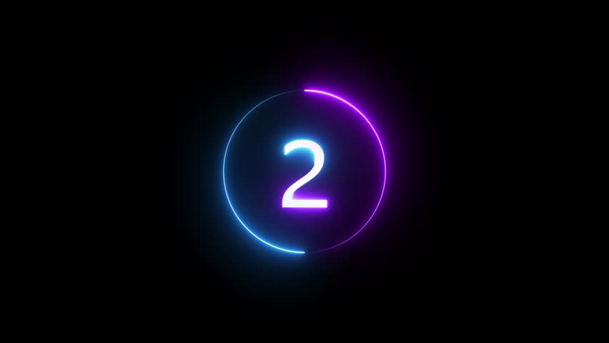 Glowing count neon number 2 text animation on black background. Neon number with circle animation.