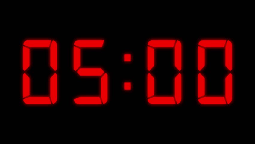 5 Minute countdown animation on black background. Countdown digital clock animation 5 to 0 second countdown digital clock timer icon. 5 minute timer on stopwatch.