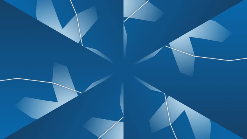 A symmetrical abstract background features a geometric pattern of blue shapes with thin white lines forming an angular design.