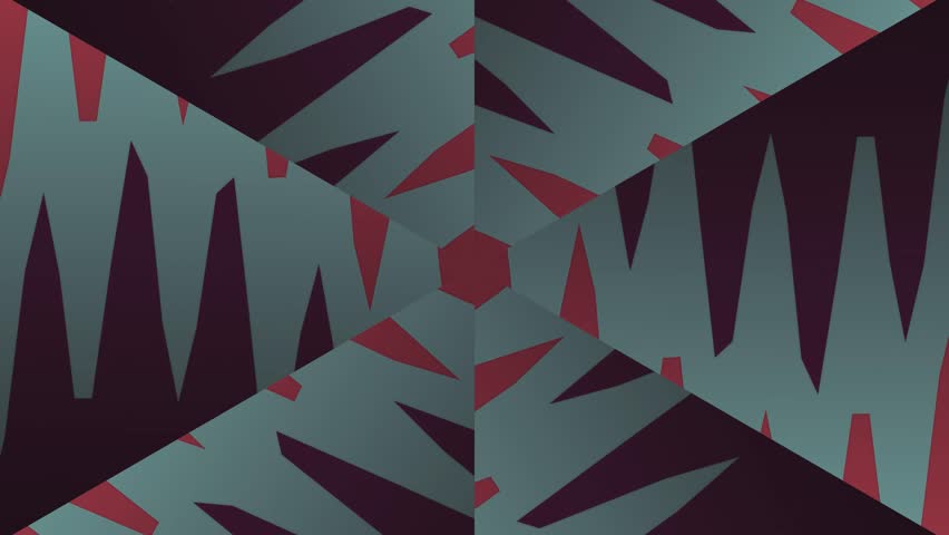 A symmetrical, abstract pattern features sharp, angular shapes in shades of teal, maroon, and dark purple, creating a geometric, kaleidoscope-like effect.