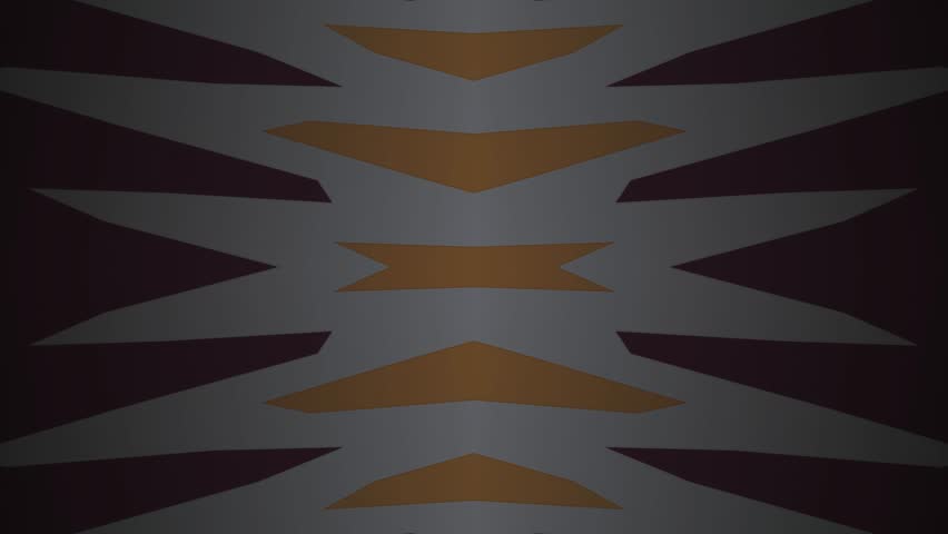 A symmetrical abstract pattern features sharp, angular shapes in deep red against a gradient of dark to light gray, creating a sense of depth and motion.