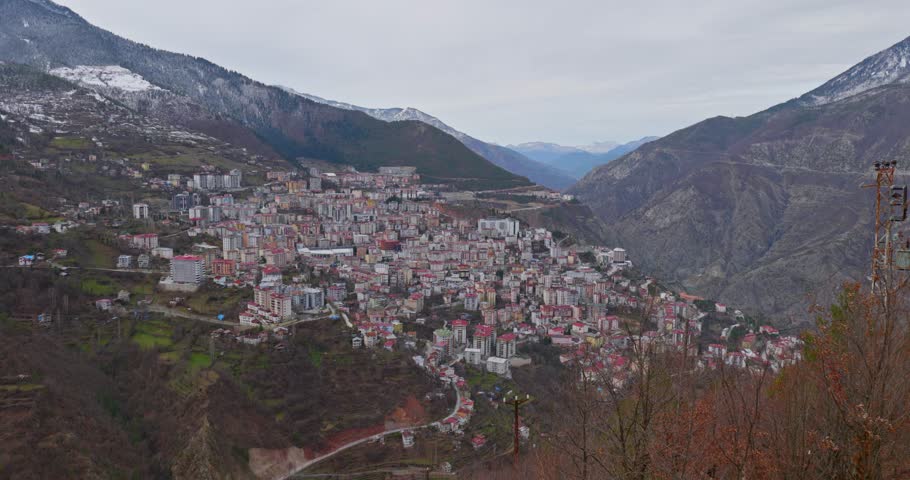 Aerial View of Artvin City with Snow on Mountain Peaks