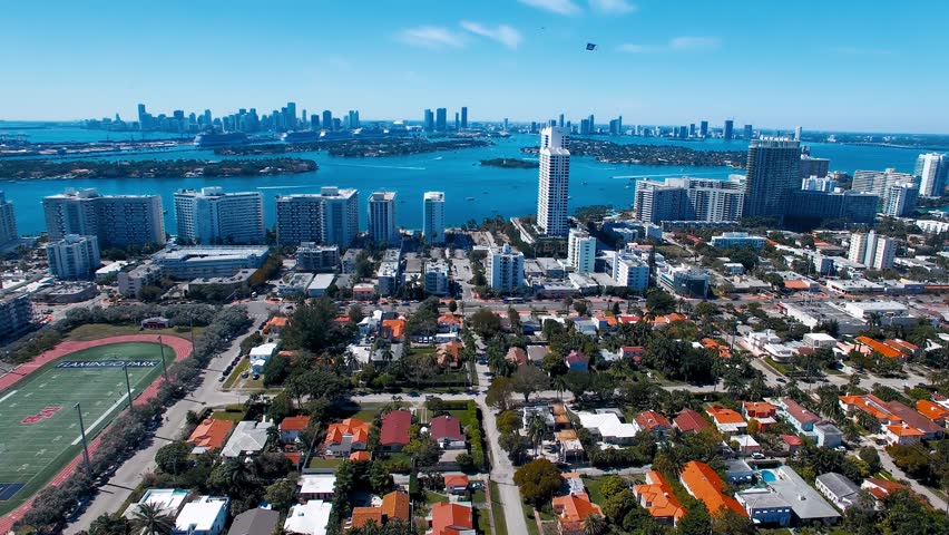 Scenic aerial perspective of Miami South Pointe waterfront and sandy beach