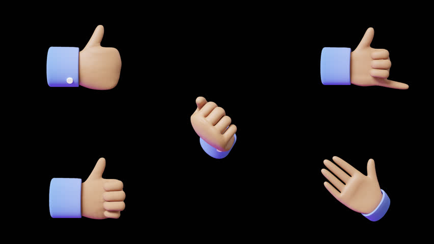 3d hand emoji render gestures thumbs up, finger heart, Call me and waving hand medium skin tone icon with alpha channel transparent background