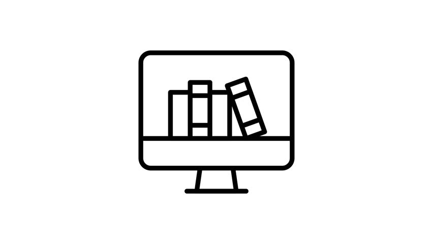 Simple black line animation of books on a computer screen isolated on a white background