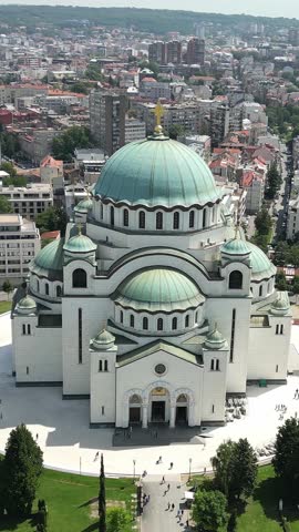 An aerial view of the majestic Church of Saint Sava in Belgrade, Serbia. One of the largest Orthodox churches in the world and the city