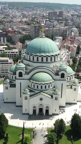 An aerial view of the majestic Church of Saint Sava in Belgrade, Serbia. One of the largest Orthodox churches in the world and the city's main landmark