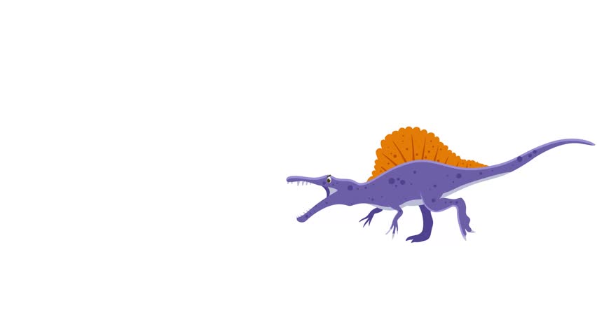 A purple and orange Spinosaurus toy dinosaur stands isolated against a clean white background, showcasing its distinctive sail and powerful build.
