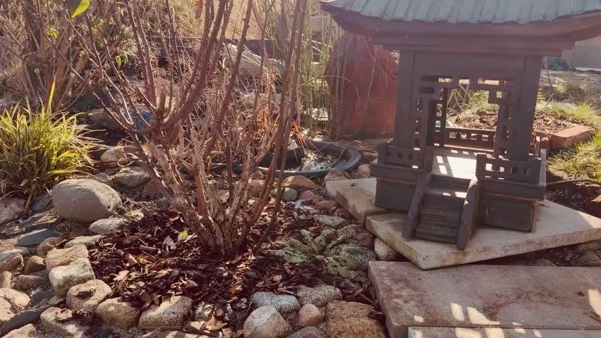 A small garden with a bird bath and a chinese pagoda. The birdhouse is on a stone platform