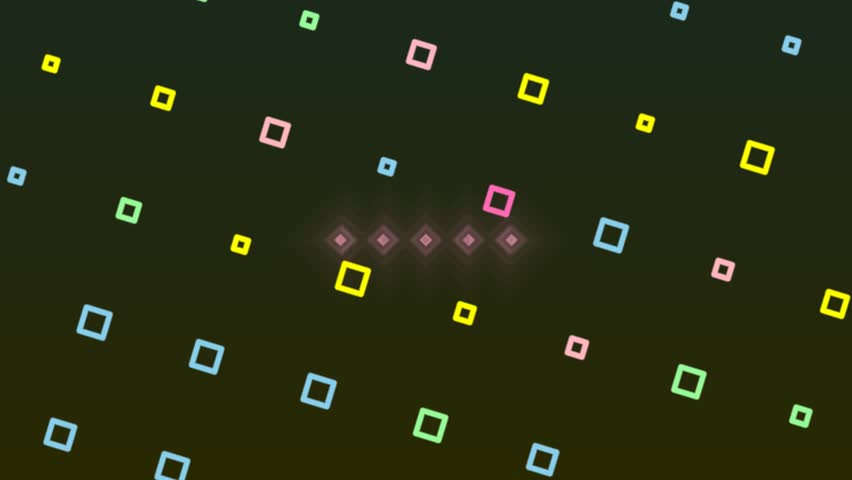 Abstract light squares drifting and glowing in a dark setting with soft pink glow in the center and a calm, dreamlike atmosphere