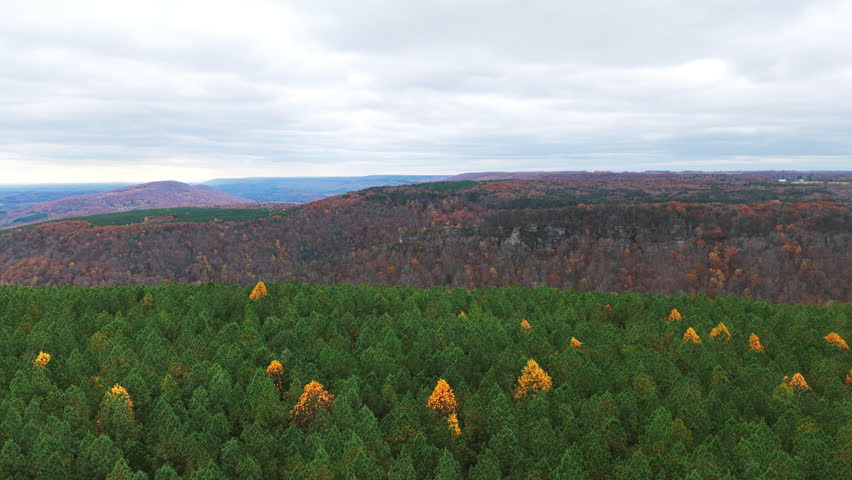 High-altitude drone shot showing rolling forested ridges under an overcast sky, with scattered fall colors across the Laurel Snow landscape.