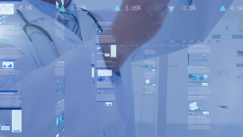 Animation of graphical infographic interface over male doctor checking x-ray in hospital. Digital composite, multiple exposure, database, medical, healthcare, futuristic and technology concept.