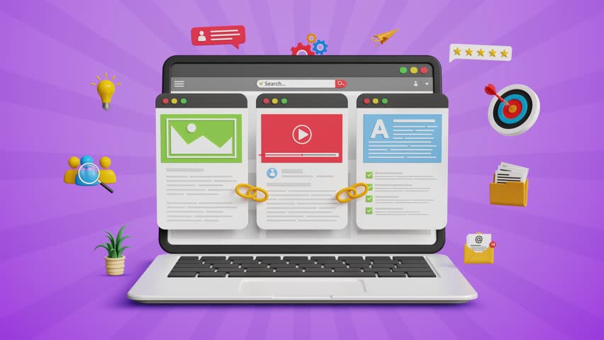 Website Link Building, Content Backlink Strategy. SEO Growth, Improved Rankings, Organic Traffic Boost, Digital Visibility Tactics. Website Pages with Backlink or Hyperlinks on Laptop. 3D Video