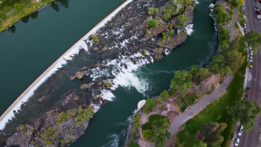 Aerial view of Idaho Falls waterfalls top down