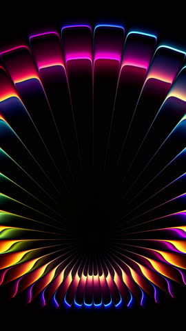 Abstract neon fan of luminous waves flowing across ribbed glass. Neon fan symmetry expands from dark center into prismatic arc highlights and light bloom reflections. Spectrum burst illumination refracted into geometric lines. Luminous waves of radiant spectrum light forming prismatic arc motion for branding, vertical screens and wallpaper visuals. Radiant spectrum reflections forming light bloom arcs and soft neon halo transitions. Seamless loop. 4K vertical video