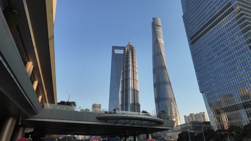 Shanghai, China: Low angle view of modern skyscrapers in the Pudong business and financial district in Shanghai, China in winter