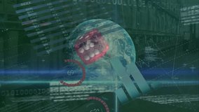 Animation of financial data processing with dice and globe over cityscape. Global finances, computing and digital interface concept digitally generated video. - Powered by Shutterstock - Get 15% off with code: PIKWIZARD15