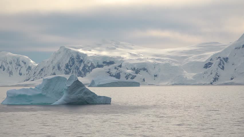 Icebergs drift in icy water as tall mountains stand in the background. The sky is cloudy, and the landscape shows the beauty of Antarctica on a cold day.