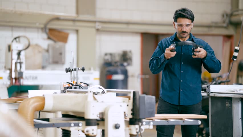 Professional carpenter with a mustache wearing safety equipment in a woodworking shop. Cheerful worker putting on headphones and operating machinery