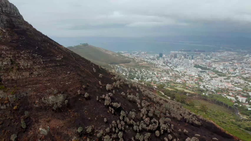 This clip shows an aerial perspective of a hillside that has been affected by fire, with patches of recovering vegetation visible against a backdrop of a nearby urban area.