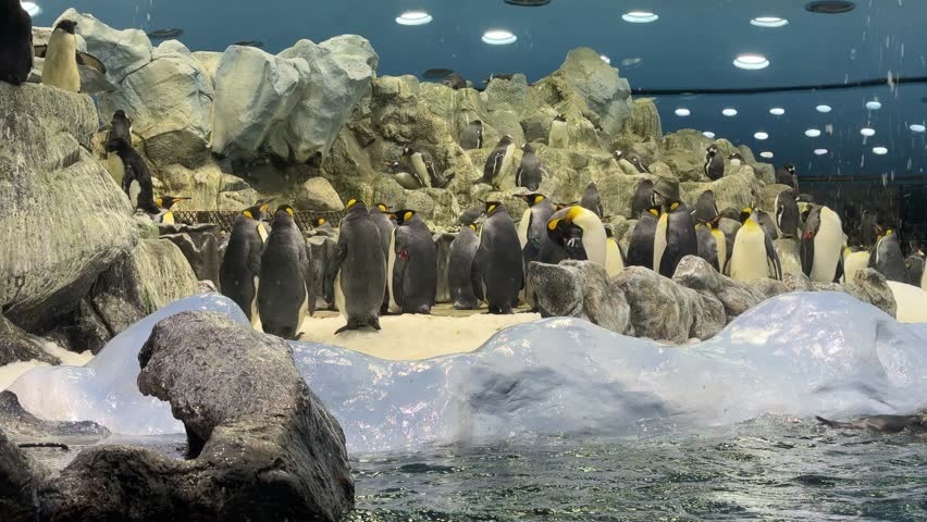 Large group of penguins standing on artificial ice and rocks beside a clear water pool in an indoor aquarium exhibit, creating a cold polar habitat scene.