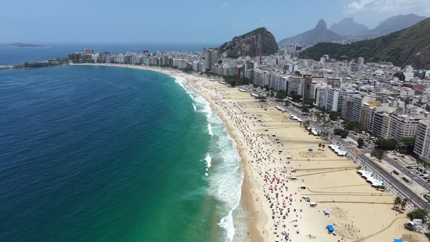 Rio de Janeiro, Brazil, aerial view of Copacabana Beach, Ipanema, the city skyline with the rocky hills full of vegetation, Copacabana Fort, Avenida Atlantica (Atlantic Avenue) and skyscrapers