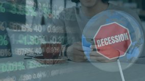 Animation of recession signboard and stock market data processing over boy using smartphone. Global economy and business technology concept - Powered by Shutterstock - Get 15% off with code: PIKWIZARD15