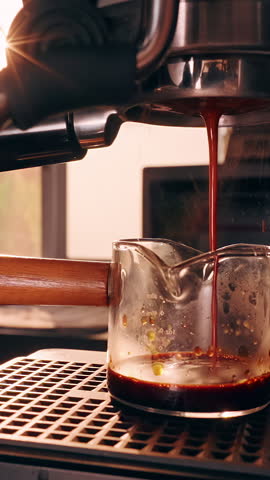 Vertical video. Incorrect Espresso Extraction with Uneven Coffee Stream from Portafilter into Glass Cup in Slow Motion, Close View of Brewing Error Showing Channeling and Poor Balance.