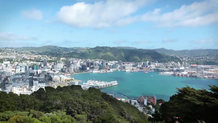 Panoramic view of Wellington, New Zealand, the capital city, showcasing its skyline, waterfront, and urban landscape on a sunny day.