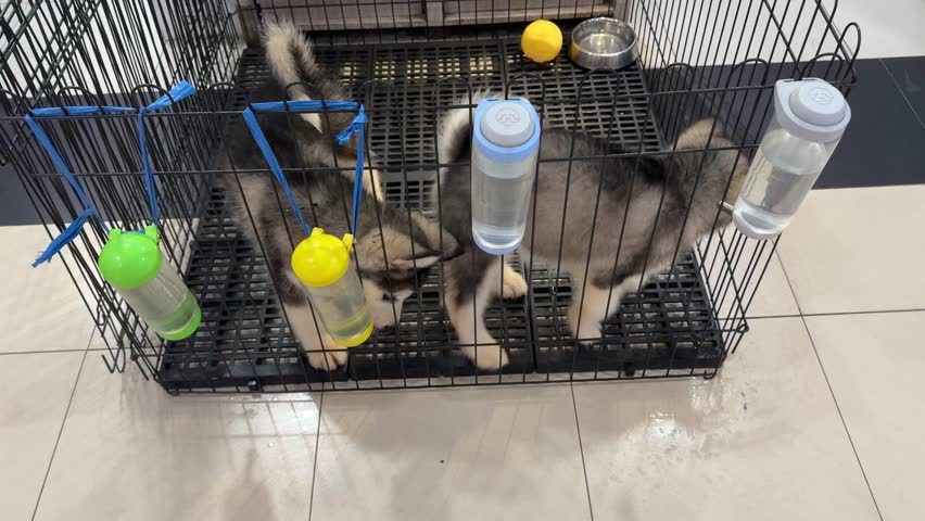 4K footage video of alaskan malamute dog puppy moving around and having fun inside the cage. Two Siberian husky and alaskan malamute puppies playing. Cute, smiling and adorable as a pet.
