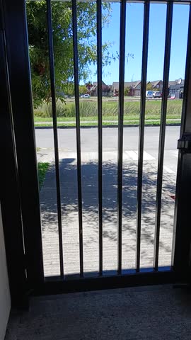 View of a street through a black gate of a house
