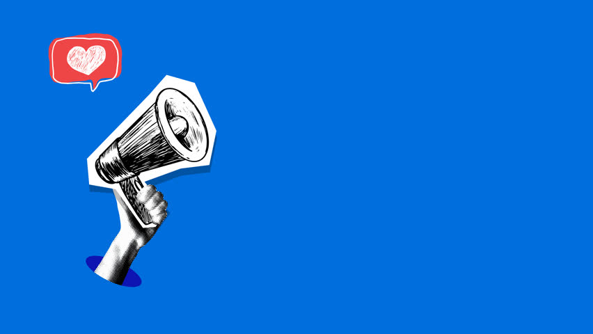 Hand holding and waving megaphone. Advertising concept. Sale announcement. Marketing and communication. Promotion on social networks. Halftone collage animation