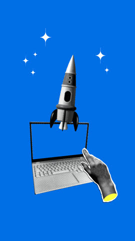 Hand presses start button on laptop. Rocket flies out of the laptop screen. Startup launch. New business. Rocketship launch. Creating new ideas. Vertical halftone collage animation for social media