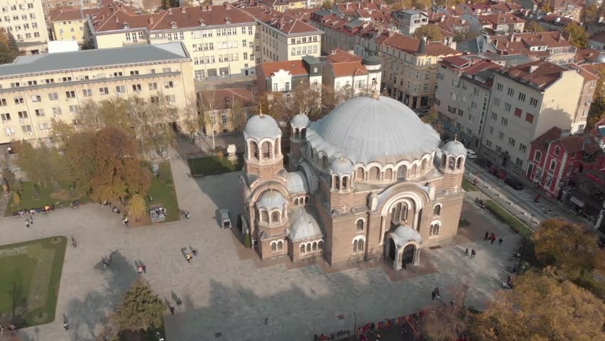 SOFIA, BULGARIA : High-angle drone footage of the Church of Sveti Sedmochislenitsi (Seven Saints), a famous Eastern Orthodox church and former Ottoman mosque in the center of Sofia, Bulgaria.