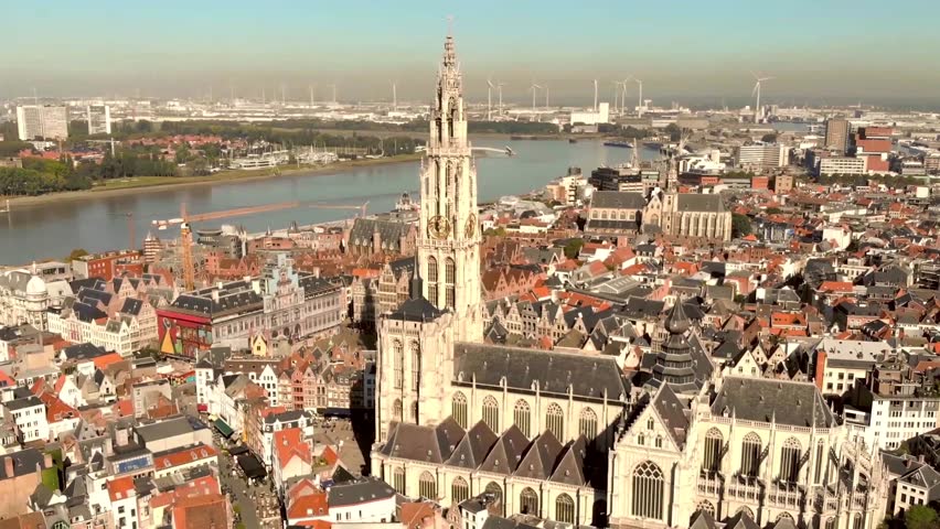 ANTWERP, BELGIUM : Aerial view of the Cathedral of Our Lady in the historic center