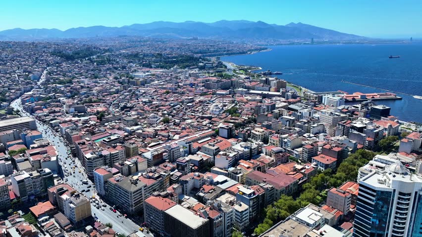 Aerial Drone View of Izmir, Türkiye - Mediterranean Coastal City View and Aegean Sea View 4k video