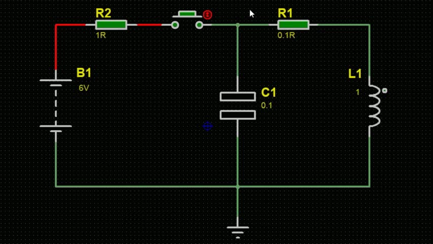 Video animation with schematic diagram of electrical 
circuit with capacitor, resistor,
voltage source (battery), inductor, button, conductors. 
The flow charged electrons.
