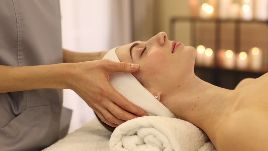 Beautiful woman receiving facial massage on couch indoors, closeup