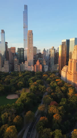 Aerial view of New York City Central Park canopy with Midtown Manhattan skyline catching warm evening light, tall modern towers rising above dense trees, New York. USA
