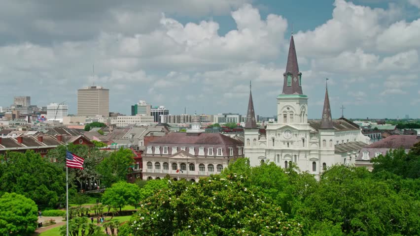 Aerial view of Jackson Square and the iconic St. Louis Cathedral in the heart of New Orleans