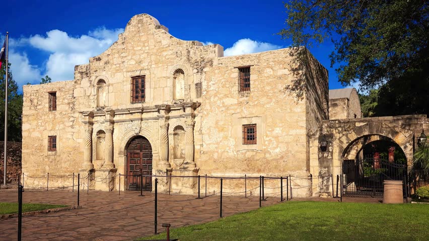 Side View of The Alamo Mission under Clear Blue Sky
he Alamo, San Antonio, Texas, historic mission, daytime, blue sky, Spanish colonial architecture, limestone walls, Texas Revolution, shrine of liberty, National Historic 